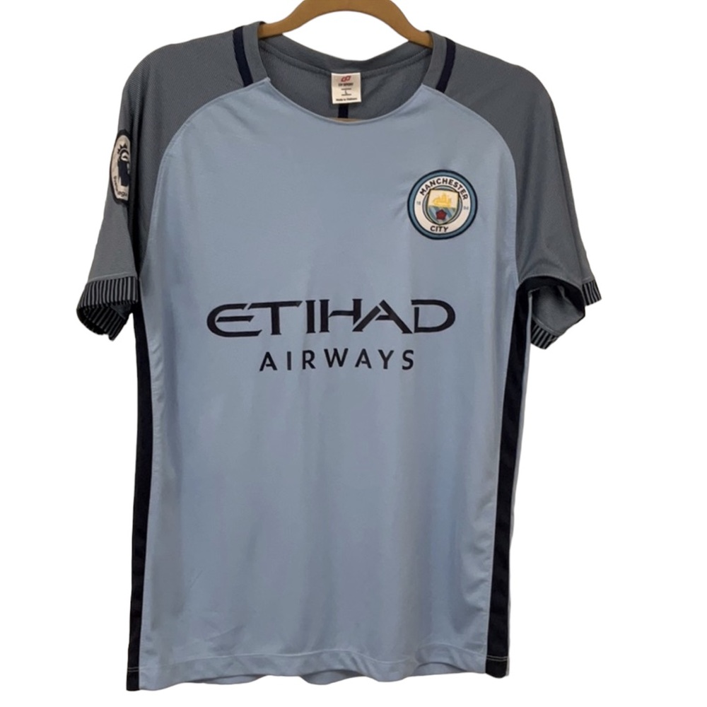 MANCHESTER City sz Large Top Soccer Jersey Team Workout Club Short Sleeves Blue